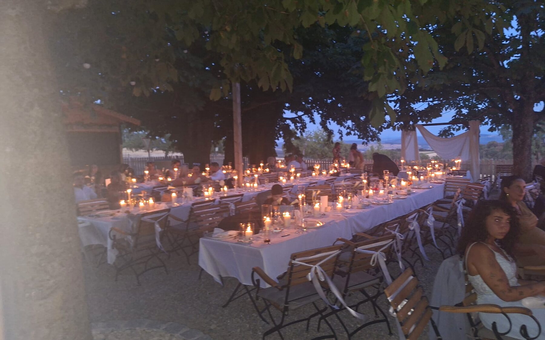 Lange festlich gedeckte Tafel im Außenbereich